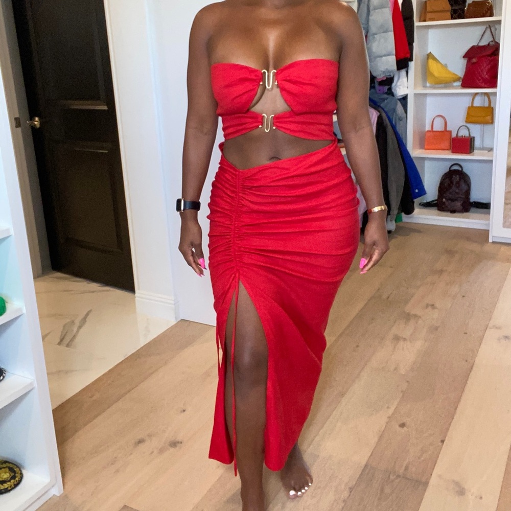 CULT GAIA DONNA STRAPLESS CUT-OUT GAUZE MIDI DRESS